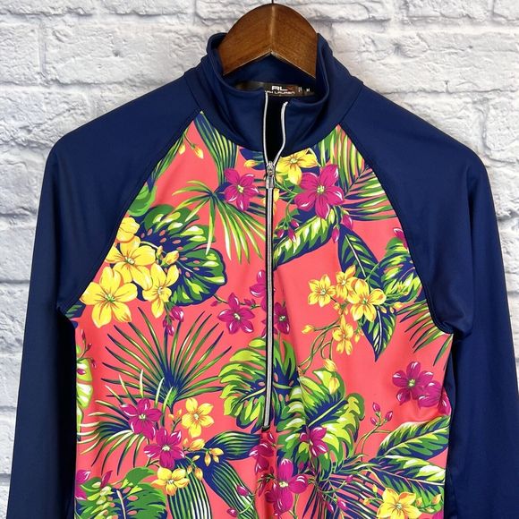 RLX Ralph Lauren 1/2 Zip Tropical Floral Multicolor Pocket Pullover Run‎ Medium - Picture 1 of 11